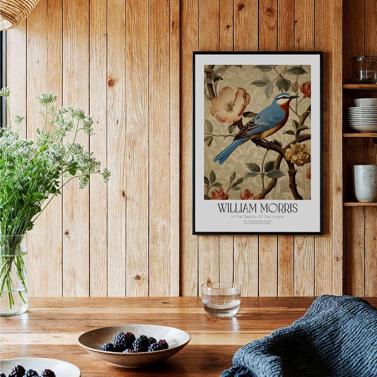William Morris Prints - Blue Bird Floral Art Print - Botanical Poster displayed in a cozy interior setting with wooden decor.