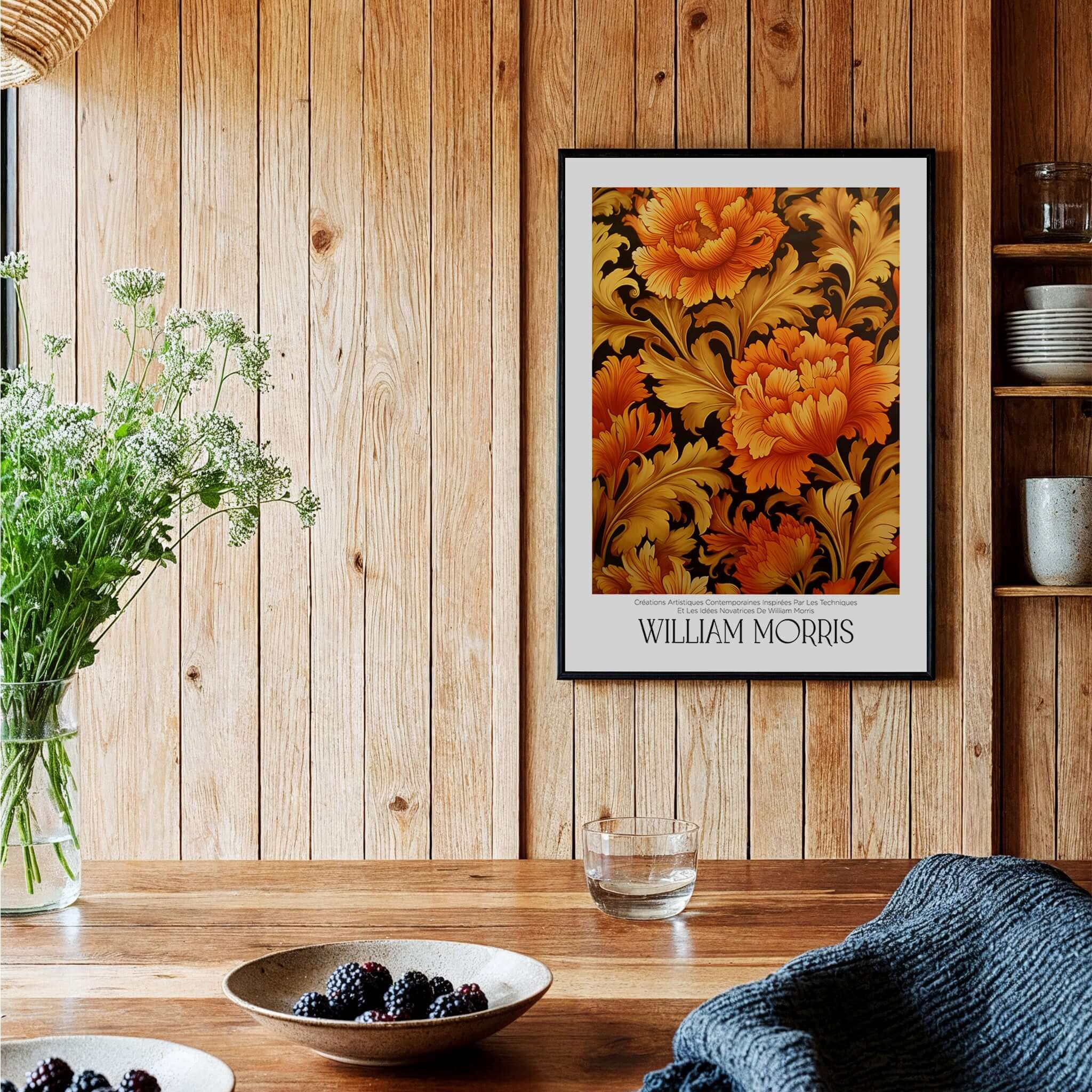 William Morris Prints - Orange Gold Floral Pattern Art Print - Dark Botanical Poster showcasing vibrant floral design in warm tones.