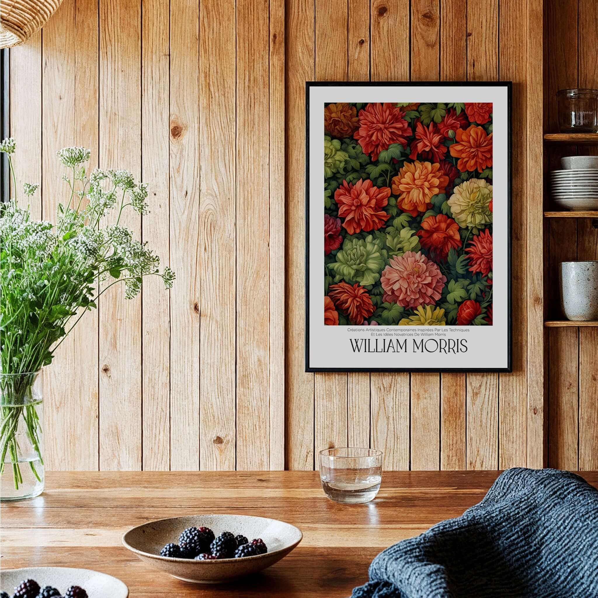 William Morris Prints - Abundant Floral Bloom Art Print - Colourful Botanical Poster framed on wooden wall.