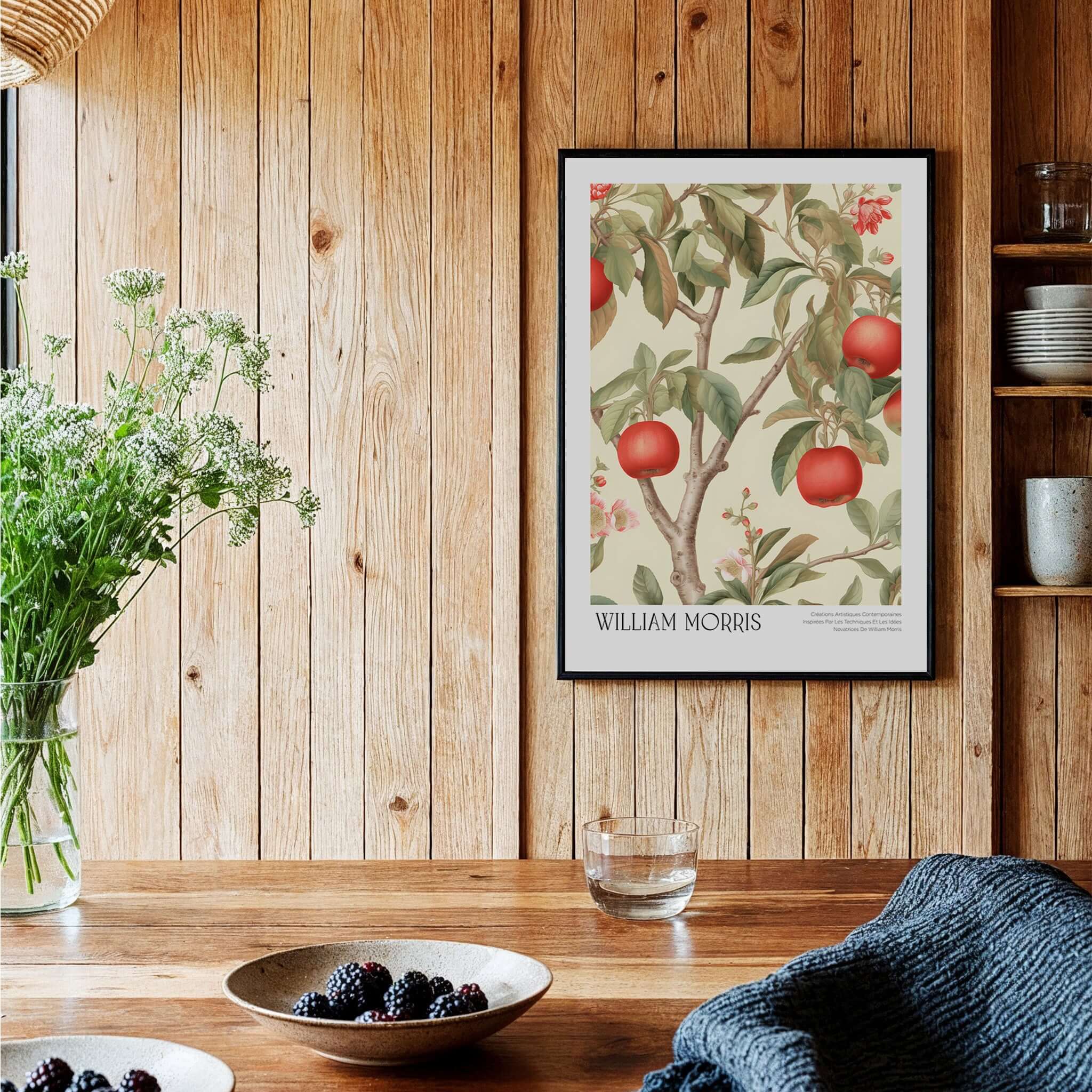William Morris Prints - Apple Tree Fruit Botanical Art Print - Orchard Blossom Poster in rustic kitchen setting.
