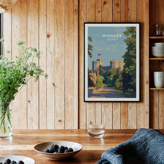 Windsor travel poster art print with castle, framed on wood kitchen wall, rustic decor