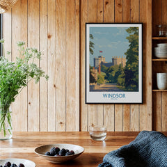 Windsor England travel poster in black frame on rustic wooden kitchen wall with berries and plants
