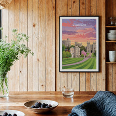 Framed Windsor England travel poster on wood kitchen wall, rustic decor with berries and flowers