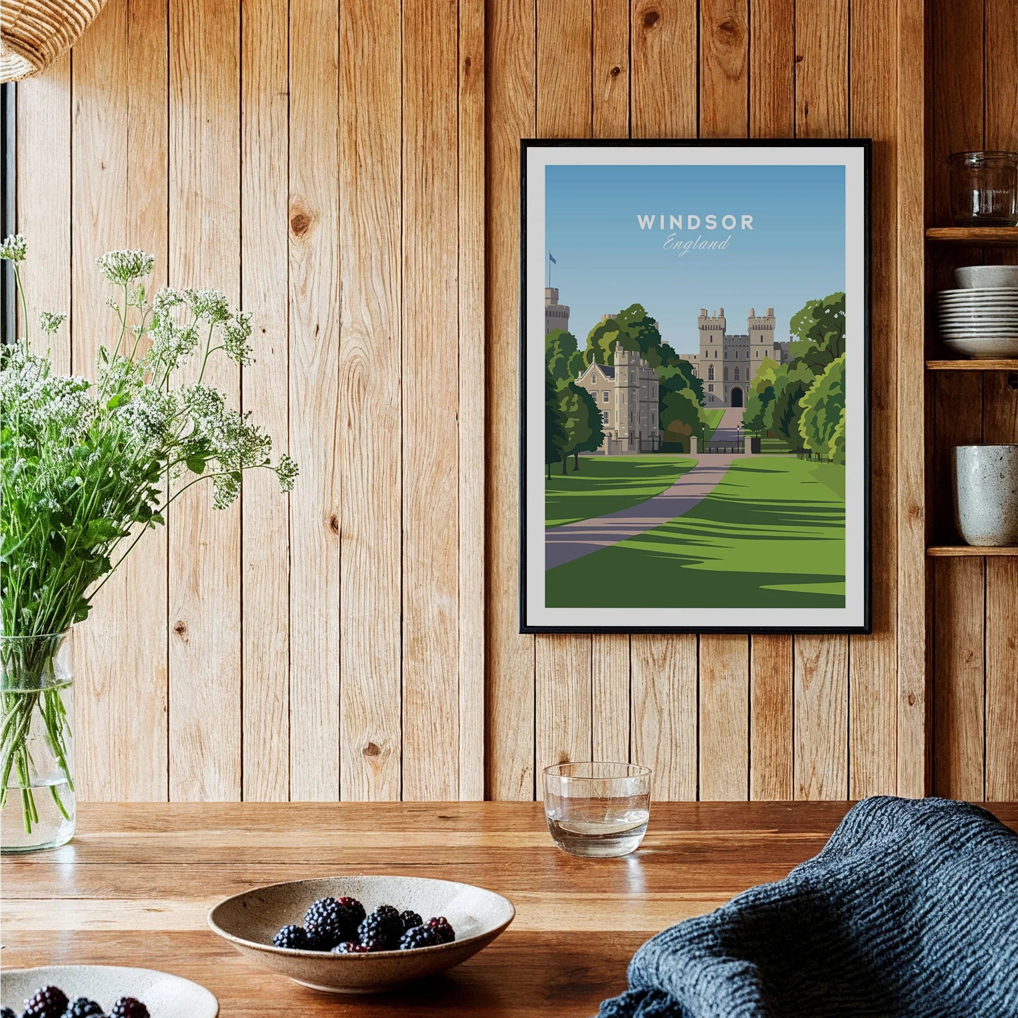 Windsor Castle travel poster art print in black frame on rustic kitchen wall, modern home decor