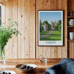 Windsor England travel poster in black frame on wooden kitchen wall, rustic decor