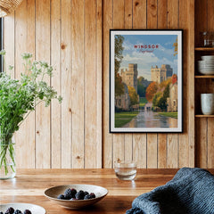 Windsor England travel poster wall art in black frame hung in rustic wood kitchen decor.