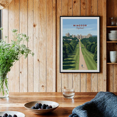 Windsor travel poster art print in black frame on rustic kitchen wall with wood panel decor