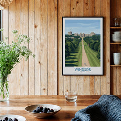 Framed Windsor travel poster art print in rustic kitchen setting with wood walls and berries