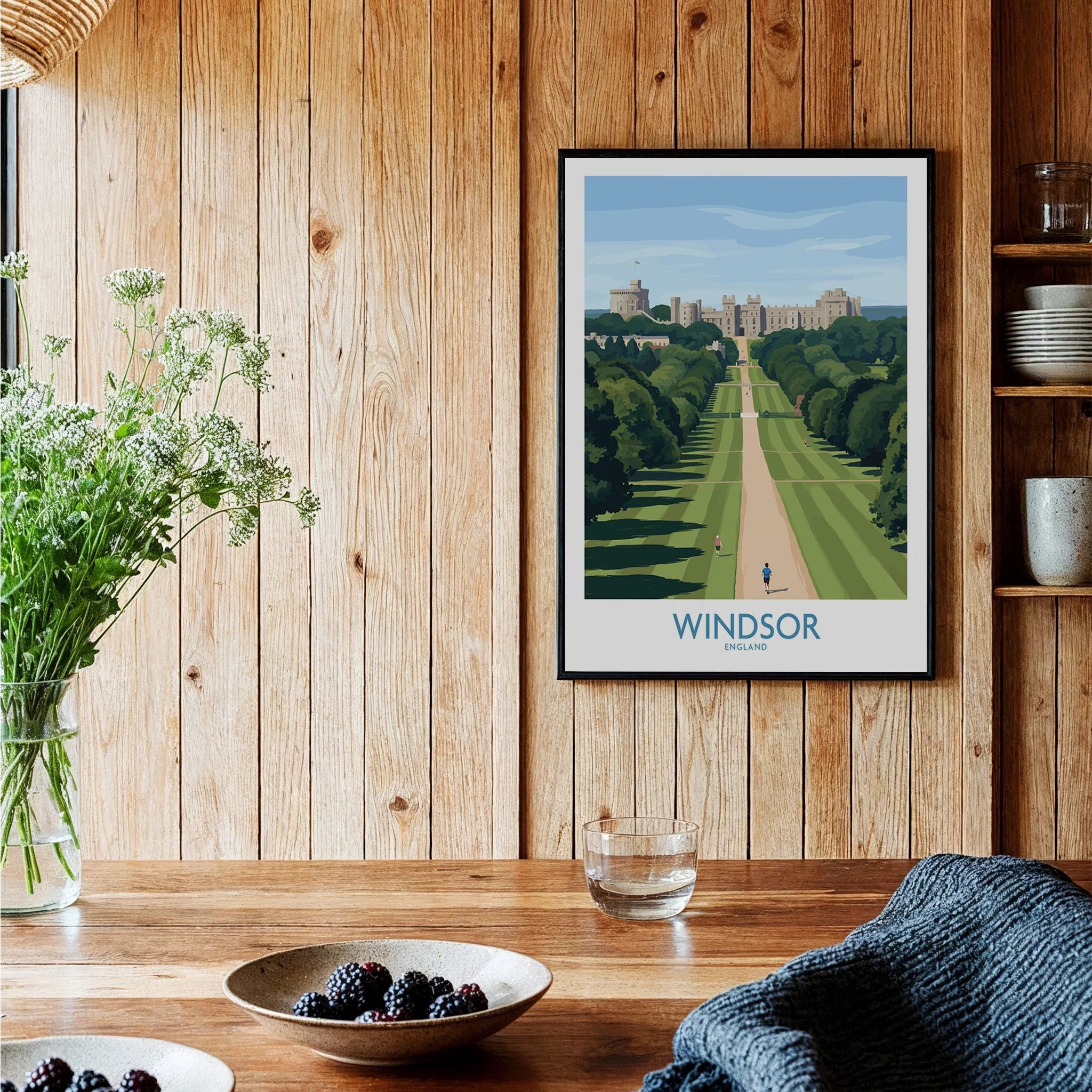 Framed Windsor travel poster art print in rustic kitchen setting with wood walls and berries