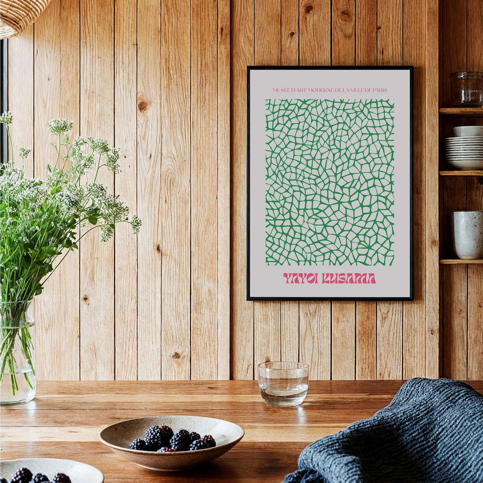 Yayoi Kusama Green Net Pattern Abstract Contemporary Art Print Paris Poster Decor displayed in a rustic kitchen setting.
