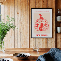Yayoi Kusama Red Pumpkin Polka Dot Pop Art Print Poster Paris Exhibition Wall Art displayed in a modern living space.