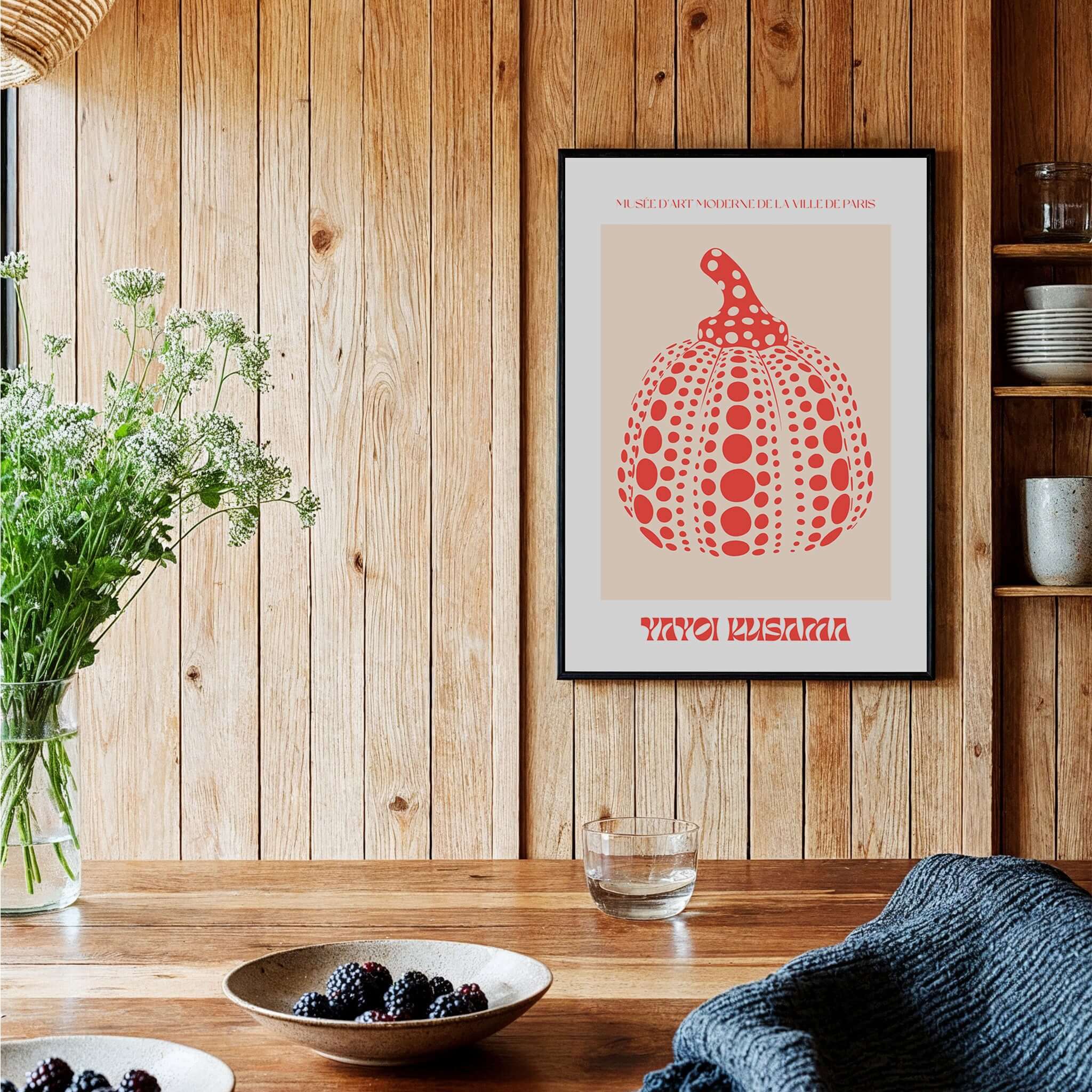 Yayoi Kusama Red Pumpkin Polka Dot Pop Art Print Poster Paris Exhibition Wall Art displayed in a modern living space.
