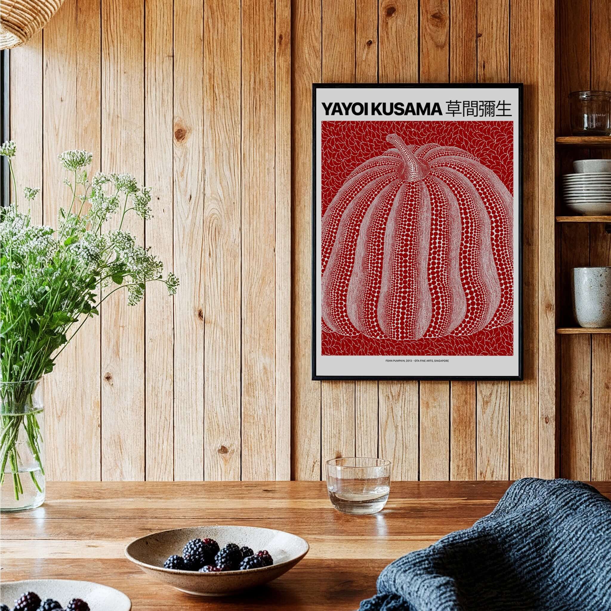 Yayoi Kusama Red White Pumpkin 2013 Singapore Exhibition Art Print Poster Polka Dot displayed in a cozy interior setting.