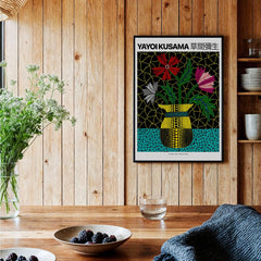 Yayoi Kusama Flowers Vase 1996 Polka Dot Art Print Contemporary Japanese Poster displayed in a stylish home setting.