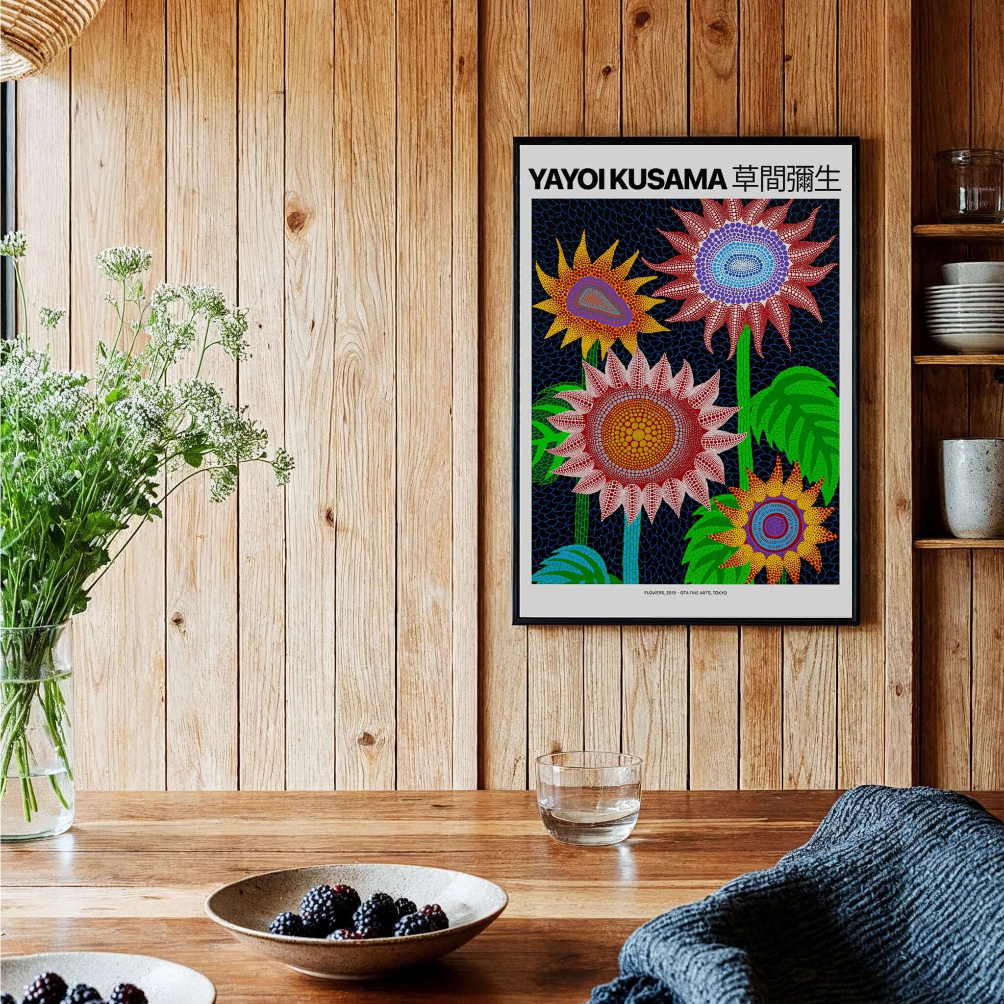 Yayoi Kusama Colorful Flowers 2015 Tokyo Art Print Poster Contemporary Polka Dot Wall Art on wooden wall.