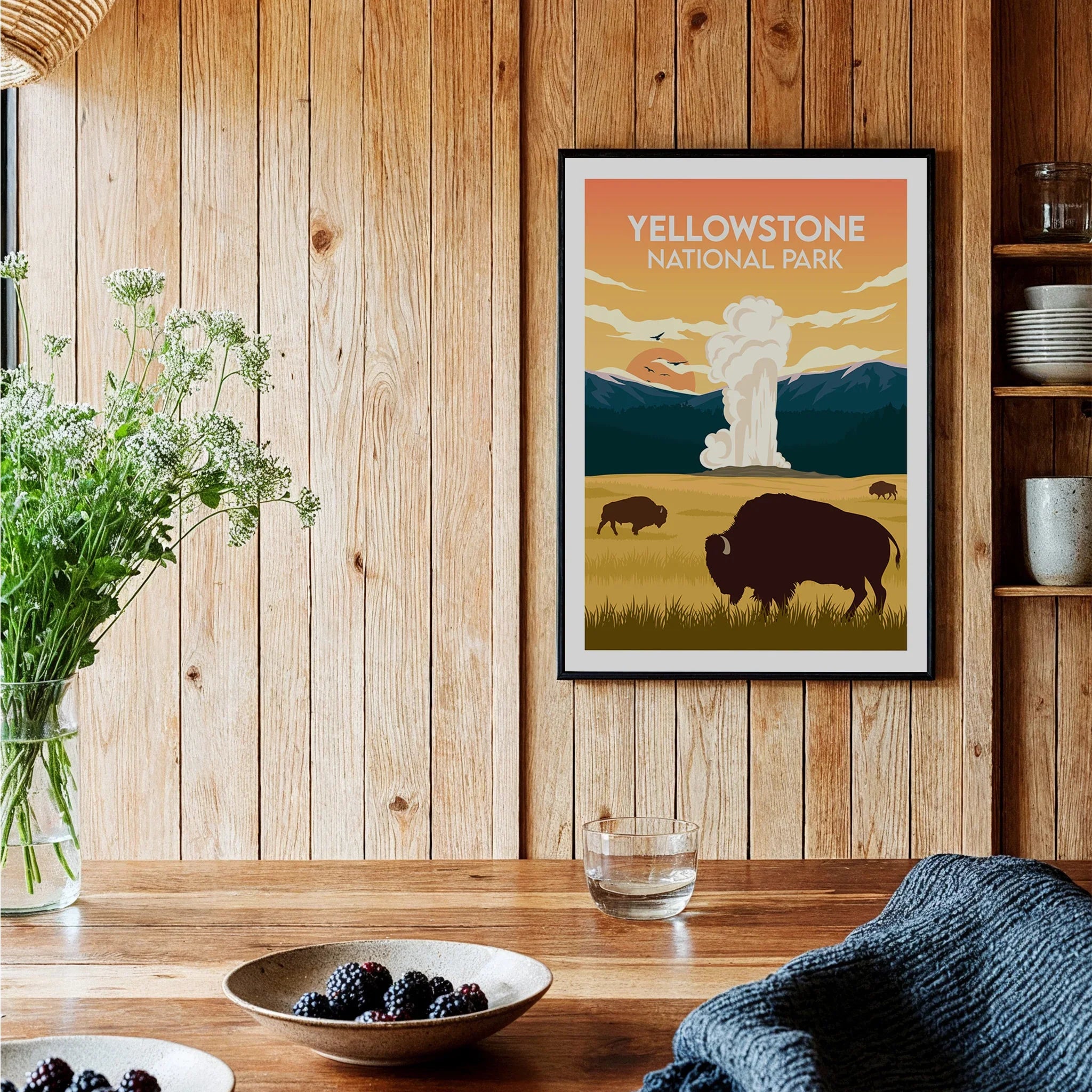 Yellowstone National Park bison art print in black frame displayed in rustic kitchen setting
