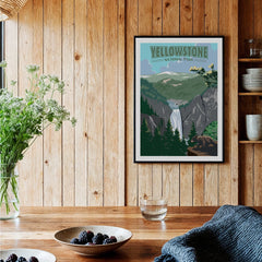Yellowstone National Park art print with waterfall on wood wall in modern kitchen decor