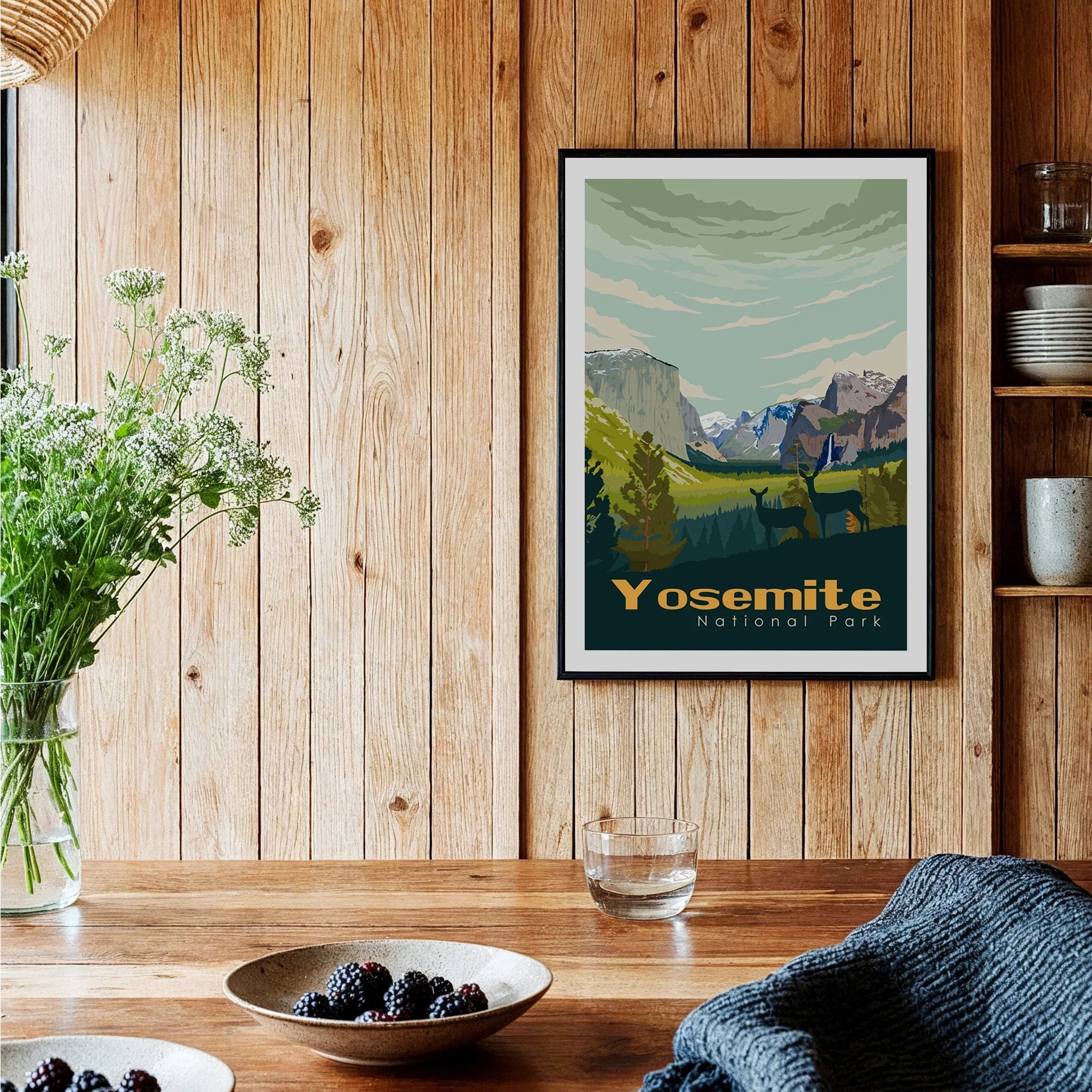 Framed Yosemite National Park art print on wooden kitchen wall, rustic decor setting
