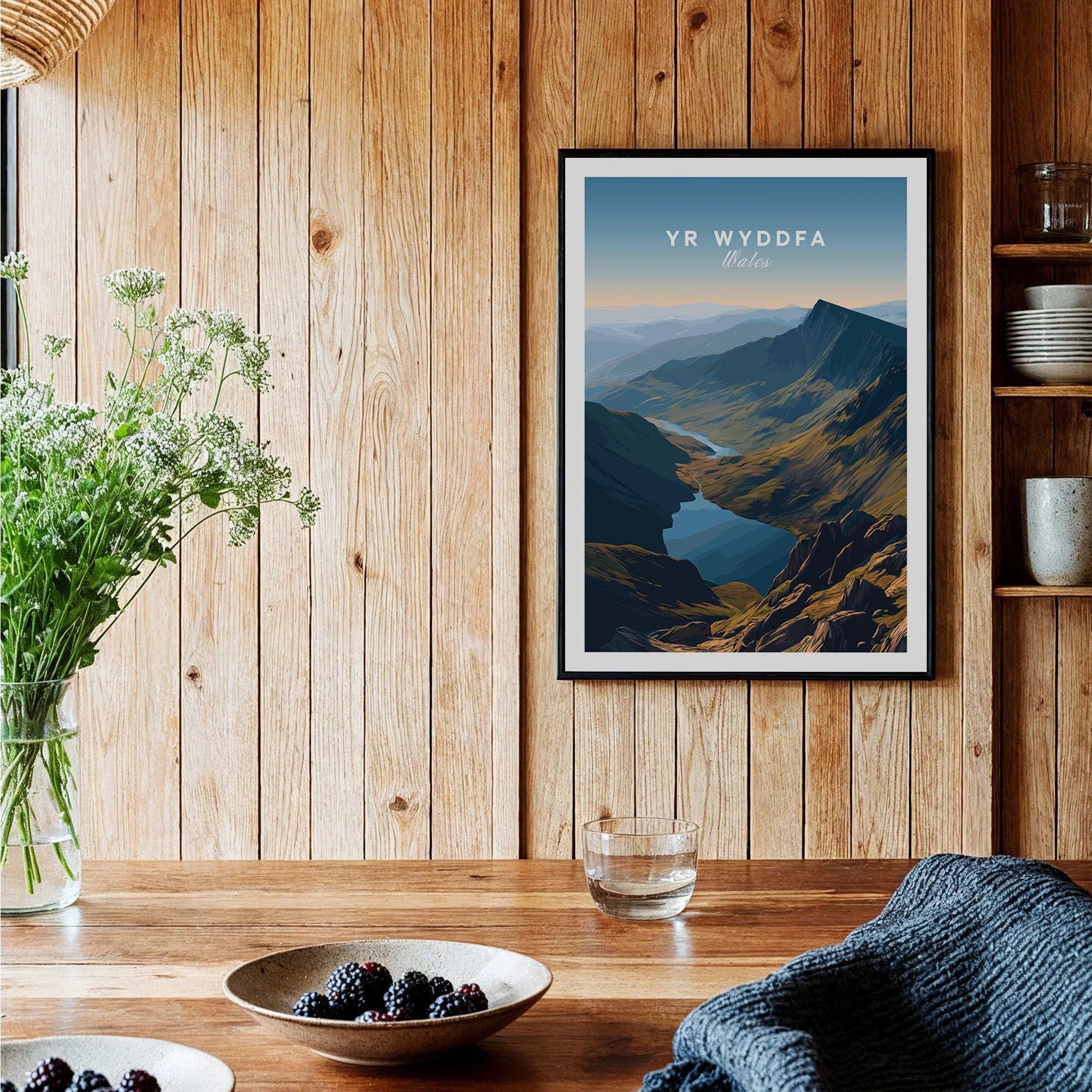 Framed Yr Wyddfa Wales travel poster art print on rustic wood kitchen wall