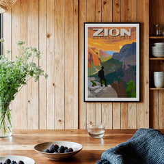 Framed Zion National Park art print on wooden kitchen wall, rustic decor with berries and flowers