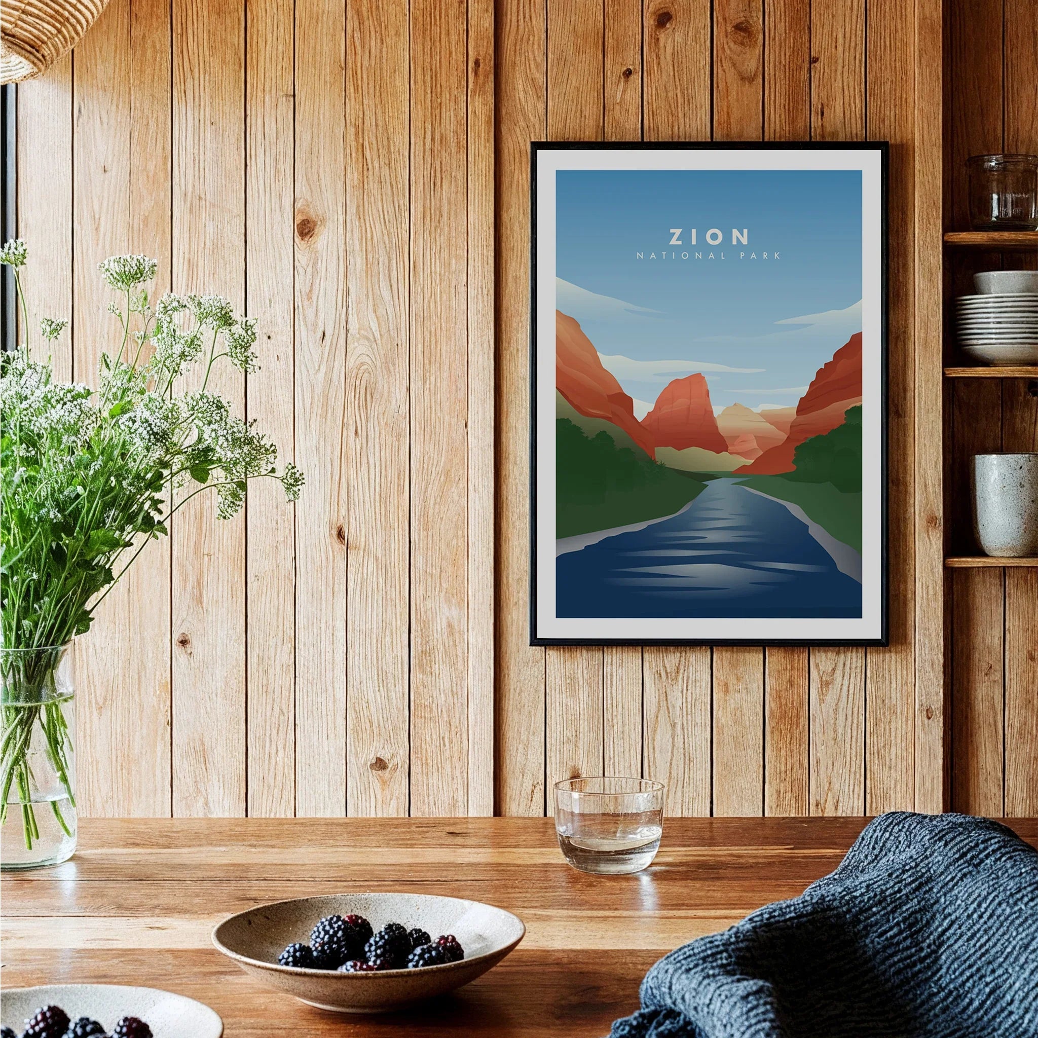 Zion National Park art print in black frame on wooden kitchen wall, modern rustic decor