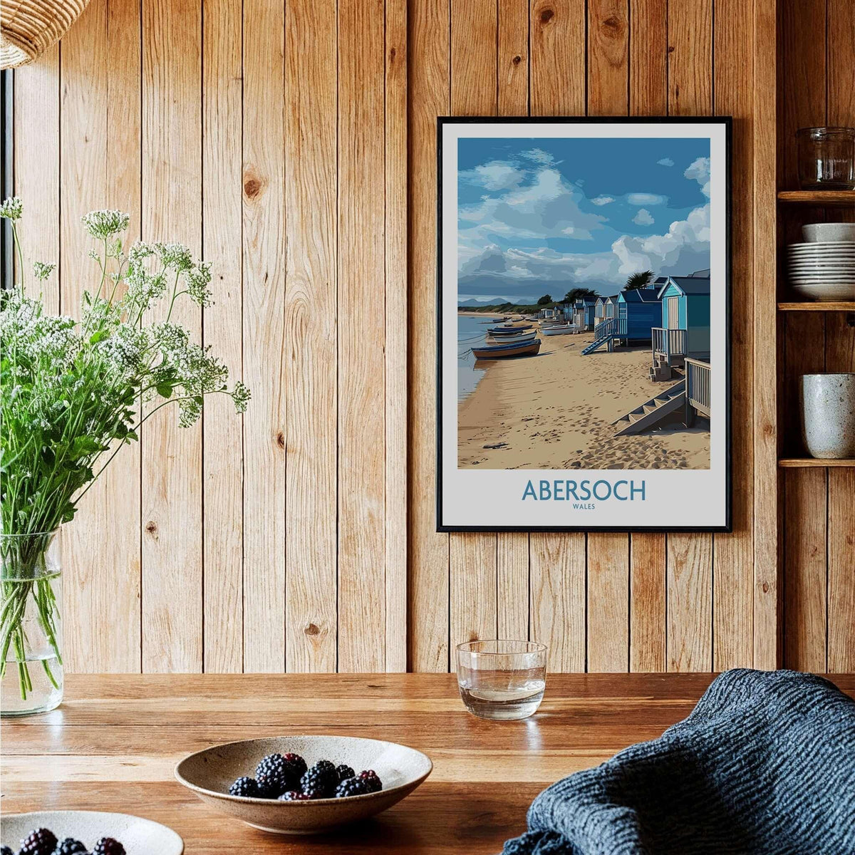 Abersoch Wales Beach Huts Art Print | Coastal Boats Wall Decor Poster showcasing vibrant beach scene with huts and boats.