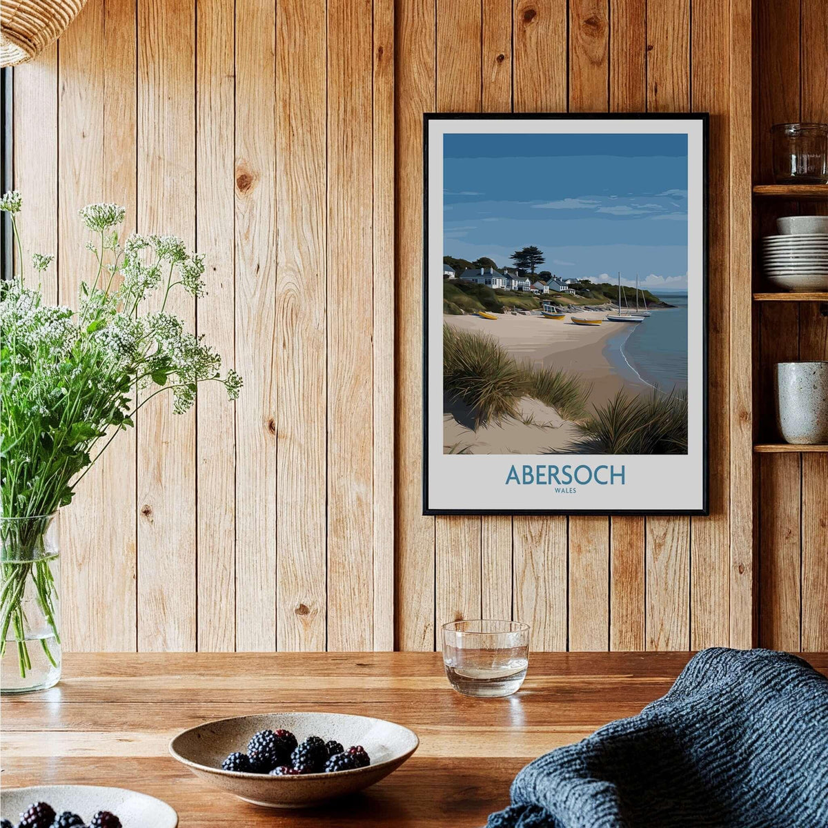 Abersoch Wales Sand Dunes Beach Art Print | Sailboats Coastal Wall Decor framed in a cozy interior setting.
