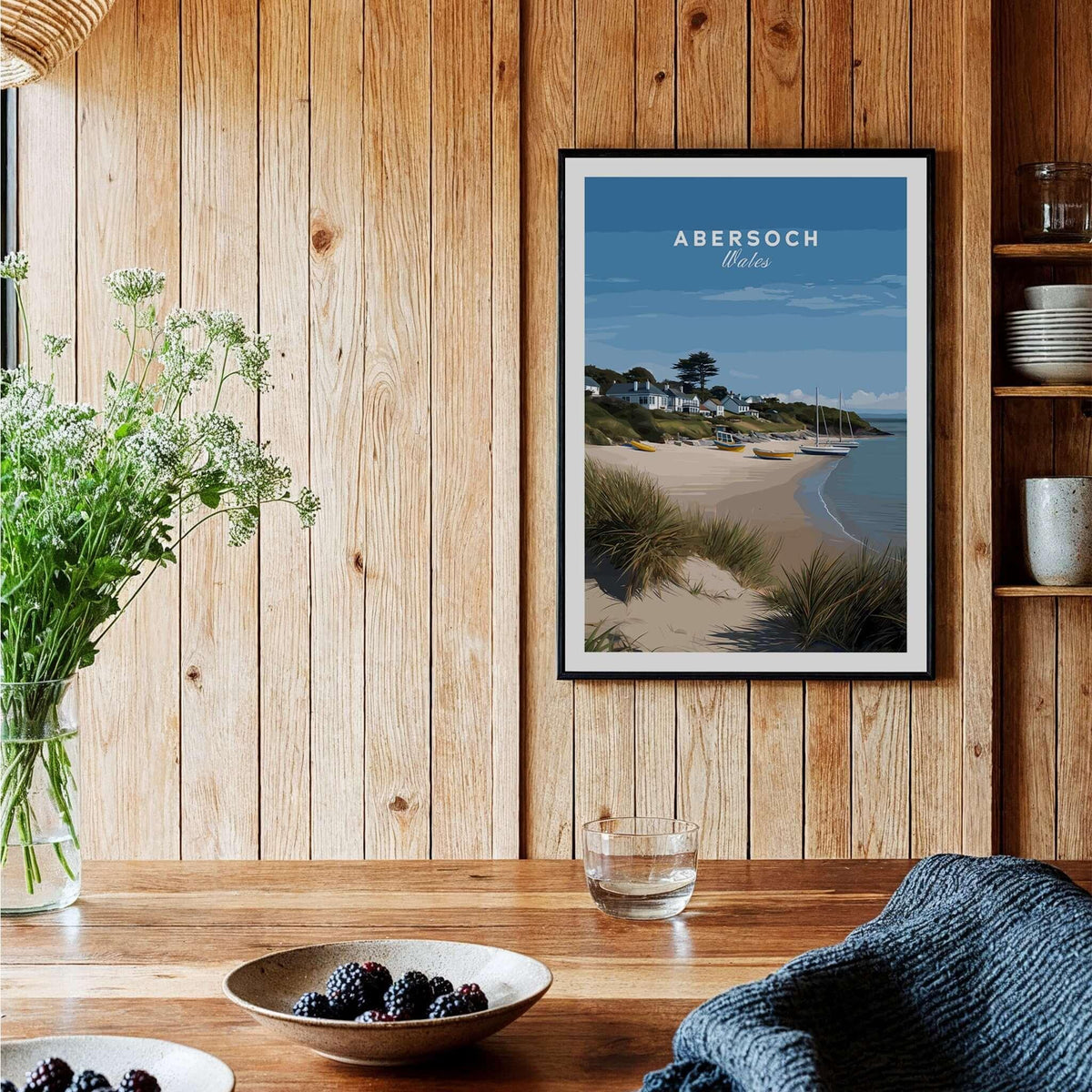 Abersoch Llyn Peninsula Boating Scene Canvas Print | Welsh Seaside Home Decor hanging on a wooden wall in a cozy interior.