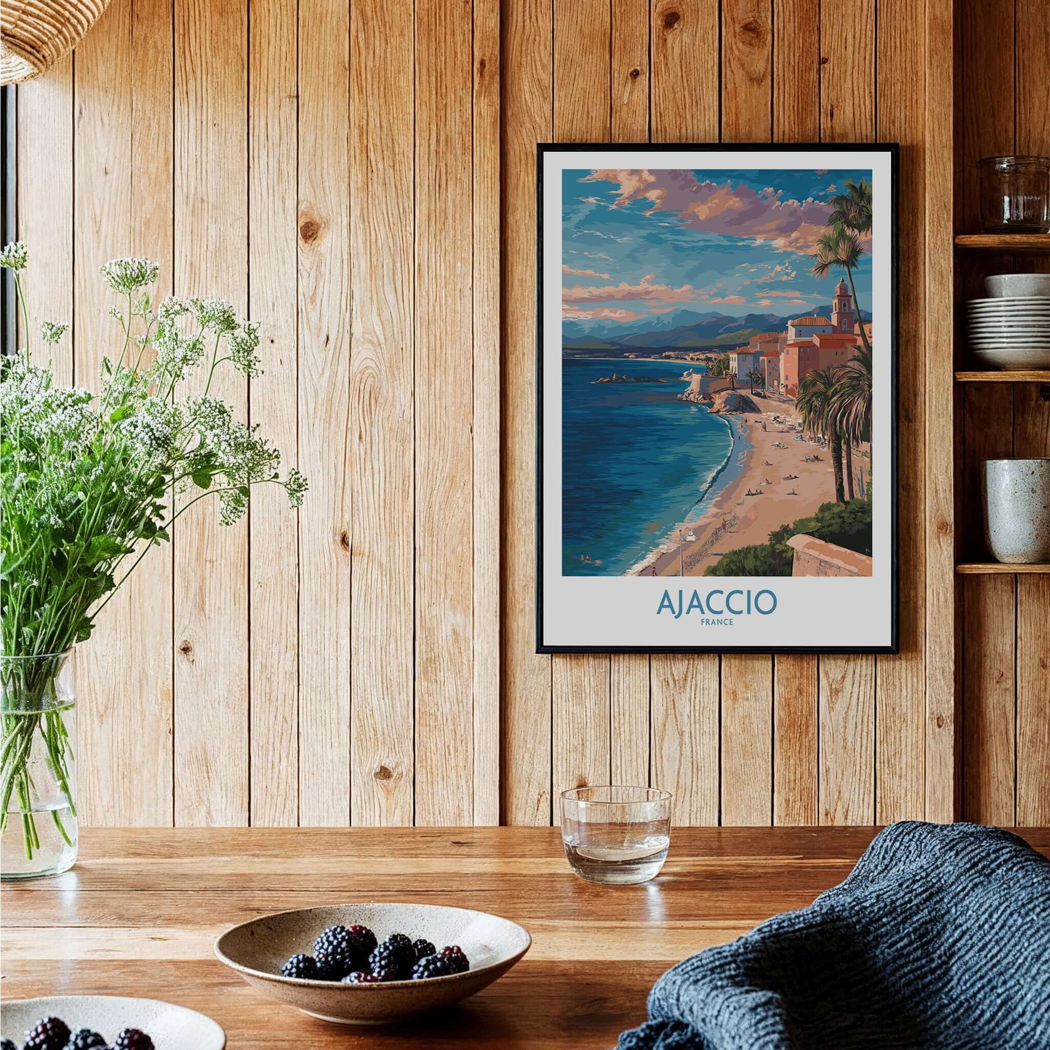 Ajaccio France Coastal Beach Art Print | Corsica Sunset City Poster displayed in stylish interior with wooden accents.