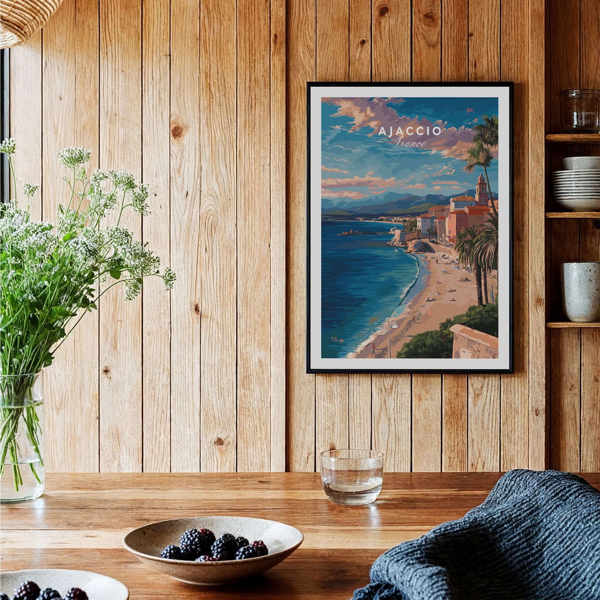 Ajaccio Canvas Print | French Travel Wall Decor showcased on a wooden wall above a table with berries and flowers.