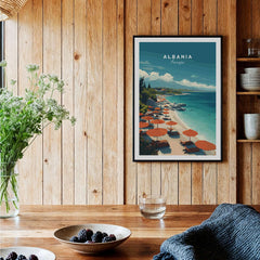 Albania Canvas Print | Balkan Travel Wall Decor showcasing a coastal scene with orange umbrellas and a beach.