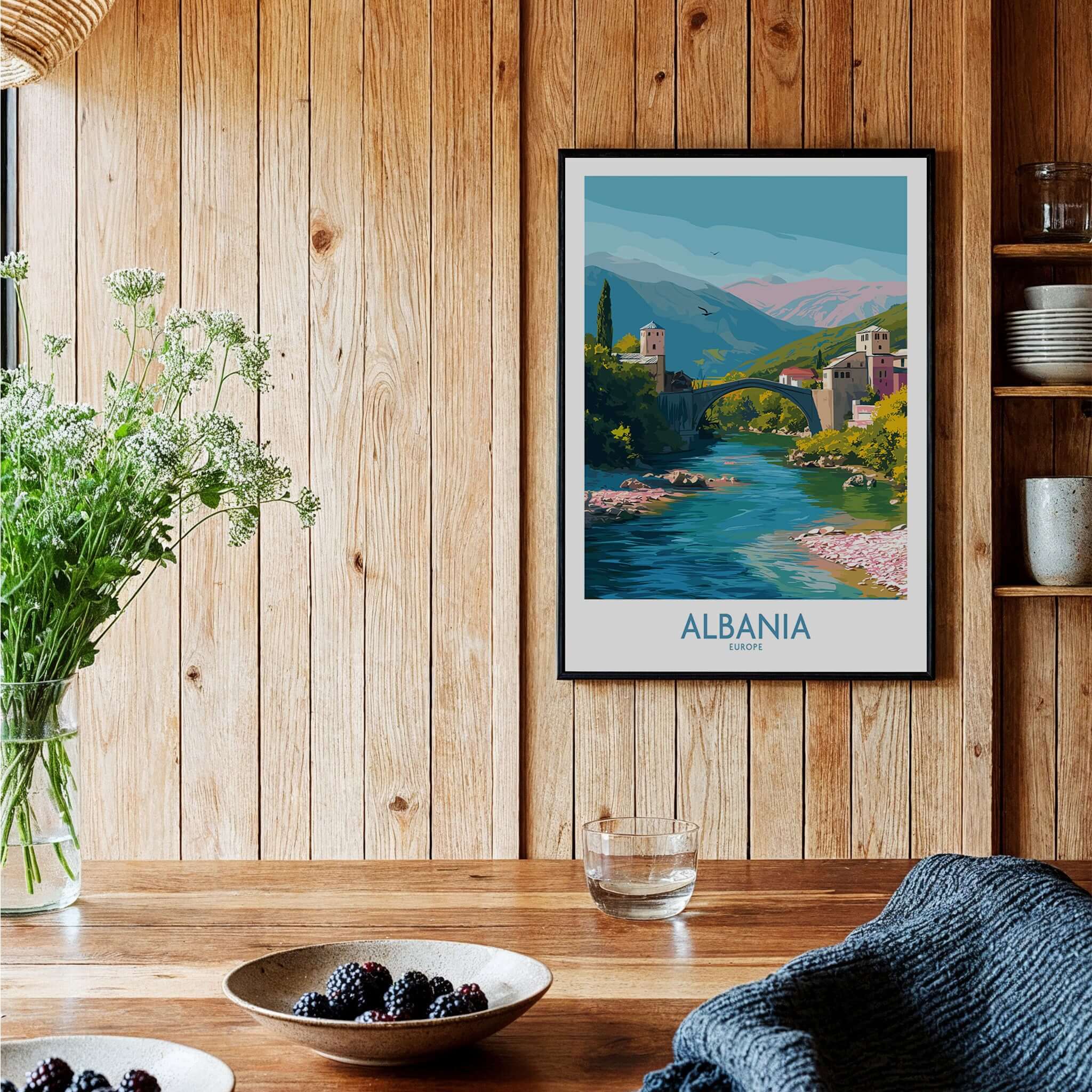 Albania Historic Stone Bridge Art Print | Mountain River Landscape Poster displayed in a cozy interior with wooden decor.