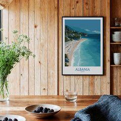 Albania Art Print | Turquoise Water Coastal Wall Decor featuring serene beach and turquoise waters in a cozy interior setting.