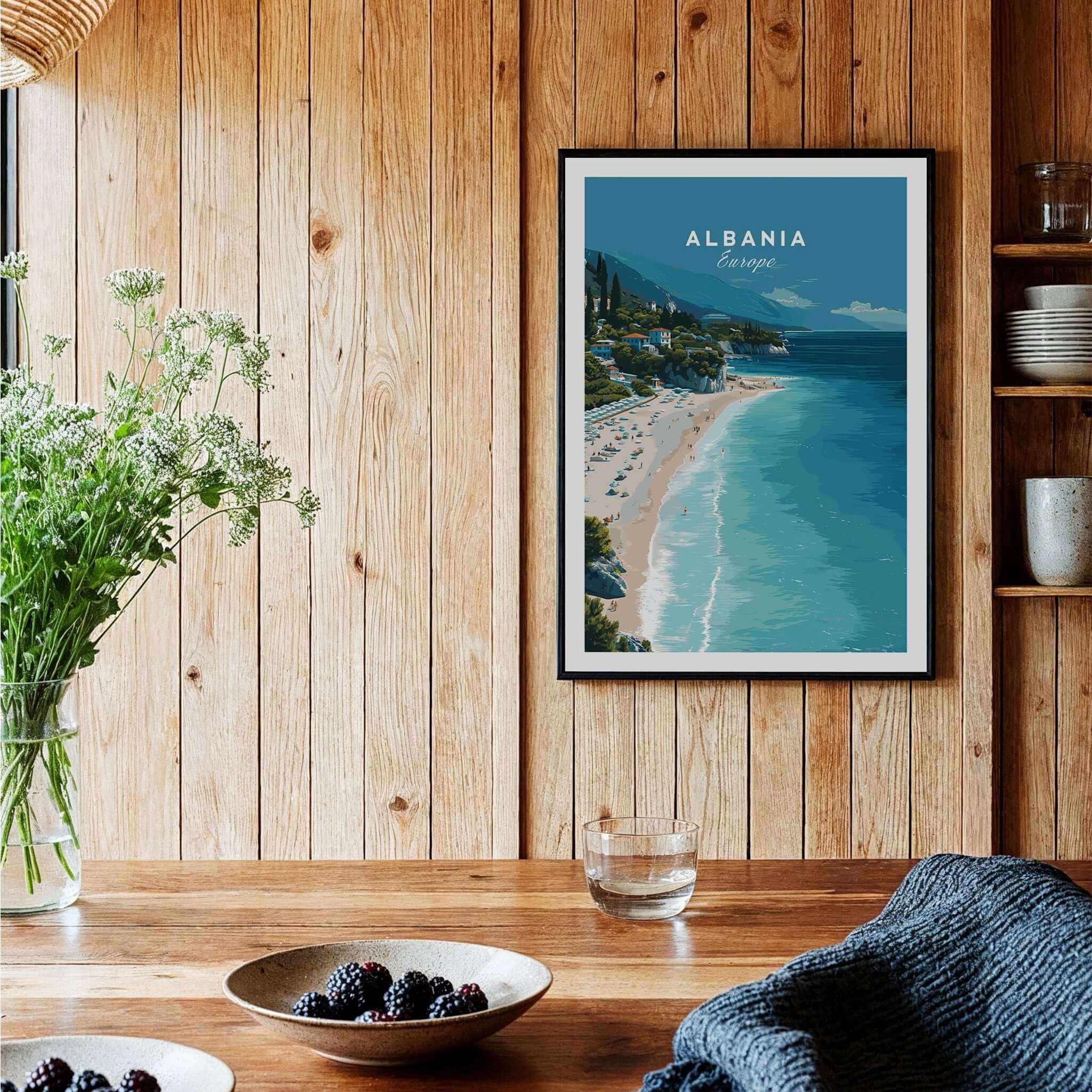 Albania Canvas Print | Balkan Travel Poster showcasing a beach scene with turquoise waters and idyllic cliffs.