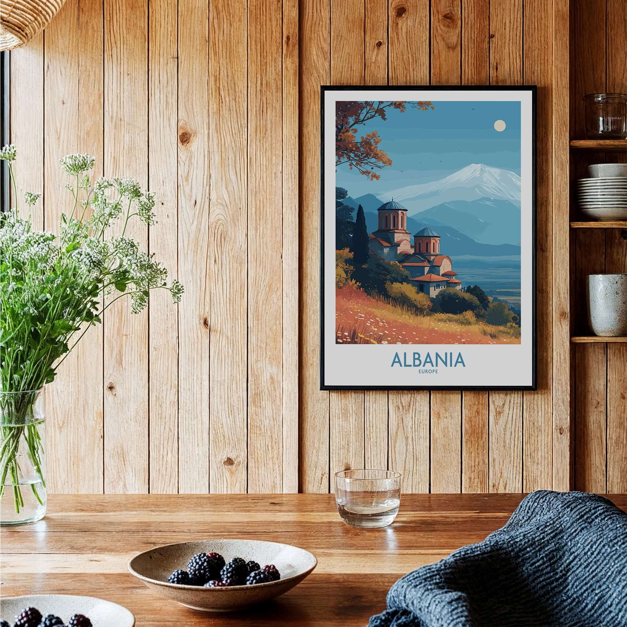 Albania Snow Mountain Church Art Print | Historic Monastery Landscape Poster showcased in a cozy wooden interior.