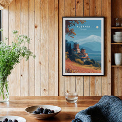Albania Canvas Print | Framed and Unframed Travel Wall Decor featuring a monastery on a hill with mountains.