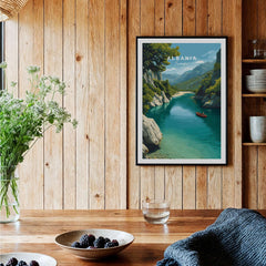 Albania Canvas Art Print showcasing a vibrant landscape with mountains, a river, and a boat in a stylish home setting.