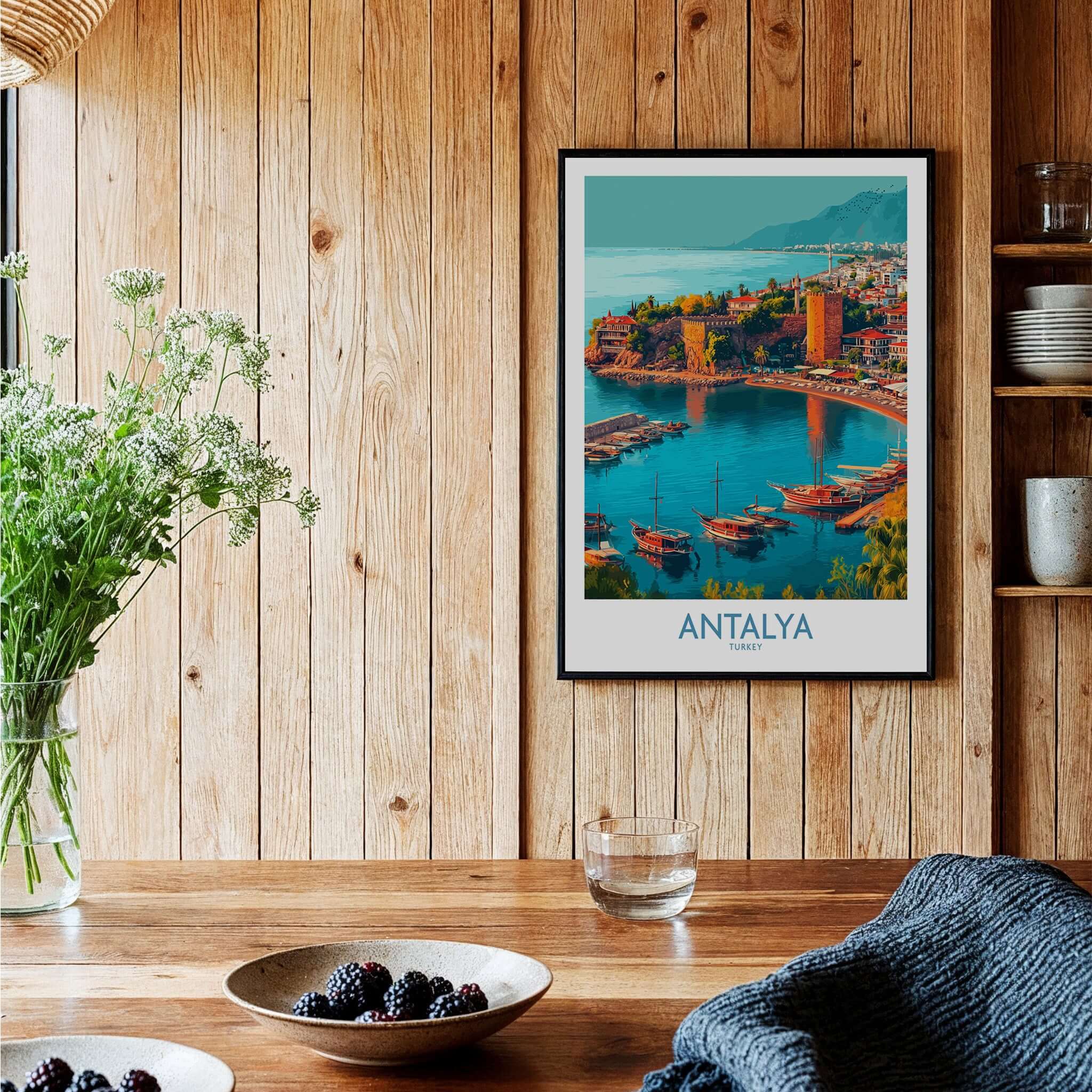 Antalya Turkey Kaleci Port Art Print | Historic Red Tower Poster displayed in a cozy interior with wooden decor.