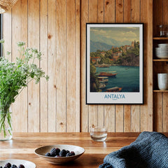 Antalya Turkey Harbour Cliff Art Print | Taurus Mountains View Poster displayed in a cozy interior setting.