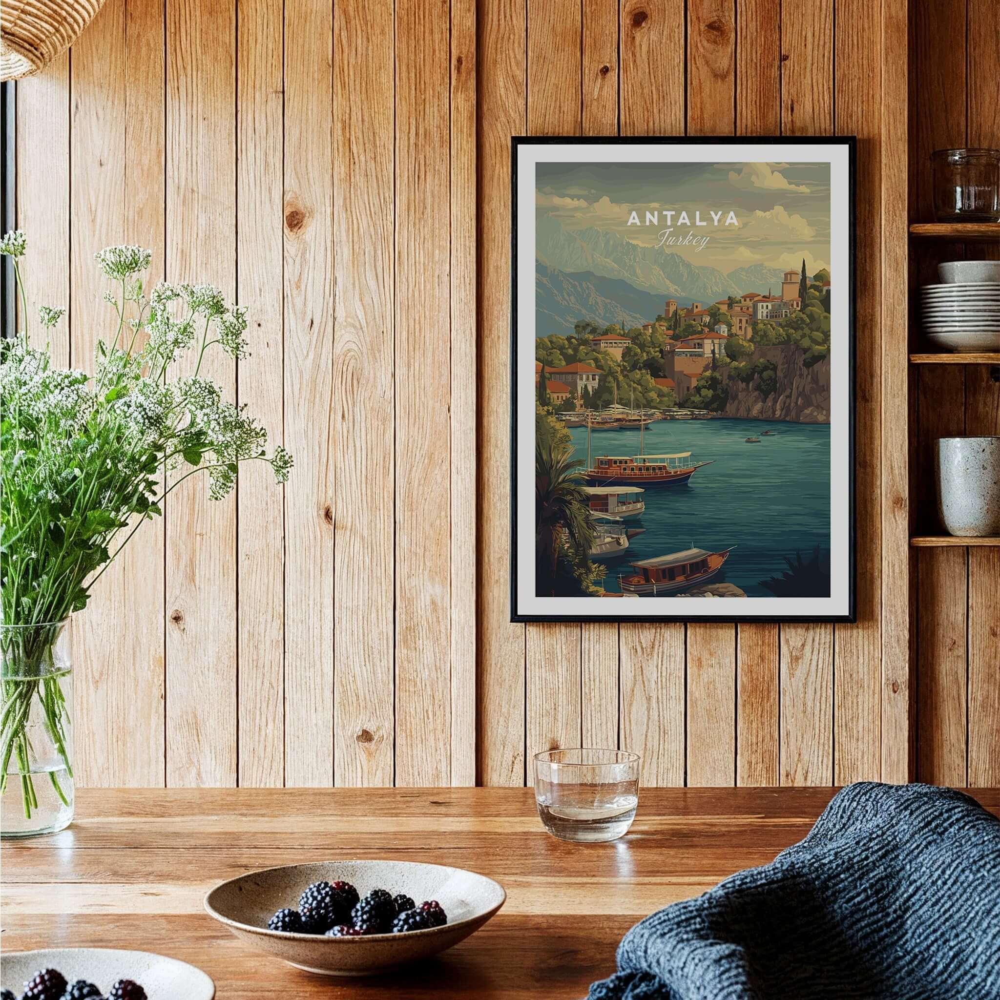 Antalya Kaleiçi Marina Canvas Print | Turkish Travel Wall Decor displayed in a cozy interior with natural wood and plants.