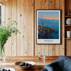 Antalya Turkey Art Print | Historic Coastal City Poster displayed in a cozy interior with wooden accents and decor.