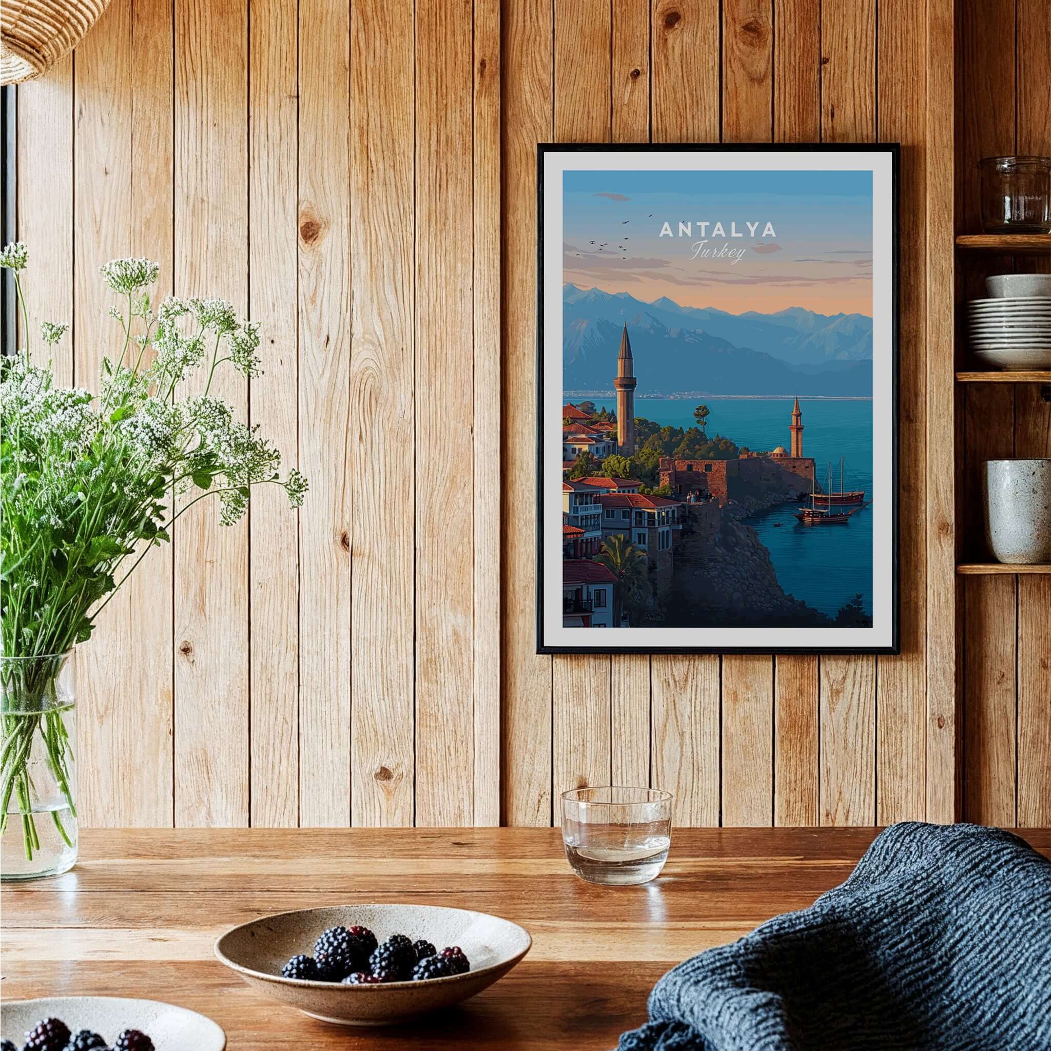 Antalya Canvas Print | Turkish Architecture Wall Decor on wooden wall with coastal view and floral arrangement.