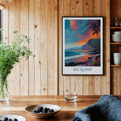 Big Island Hawaii Sunset Beach Art Print | Tropical Palm Tree Poster displayed in a cozy interior setting.