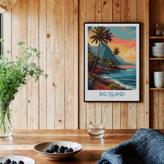 Big Island Hawaii Tropical Beach Art Print | Lush Green Coast Poster displayed in a cozy interior with wooden decor.