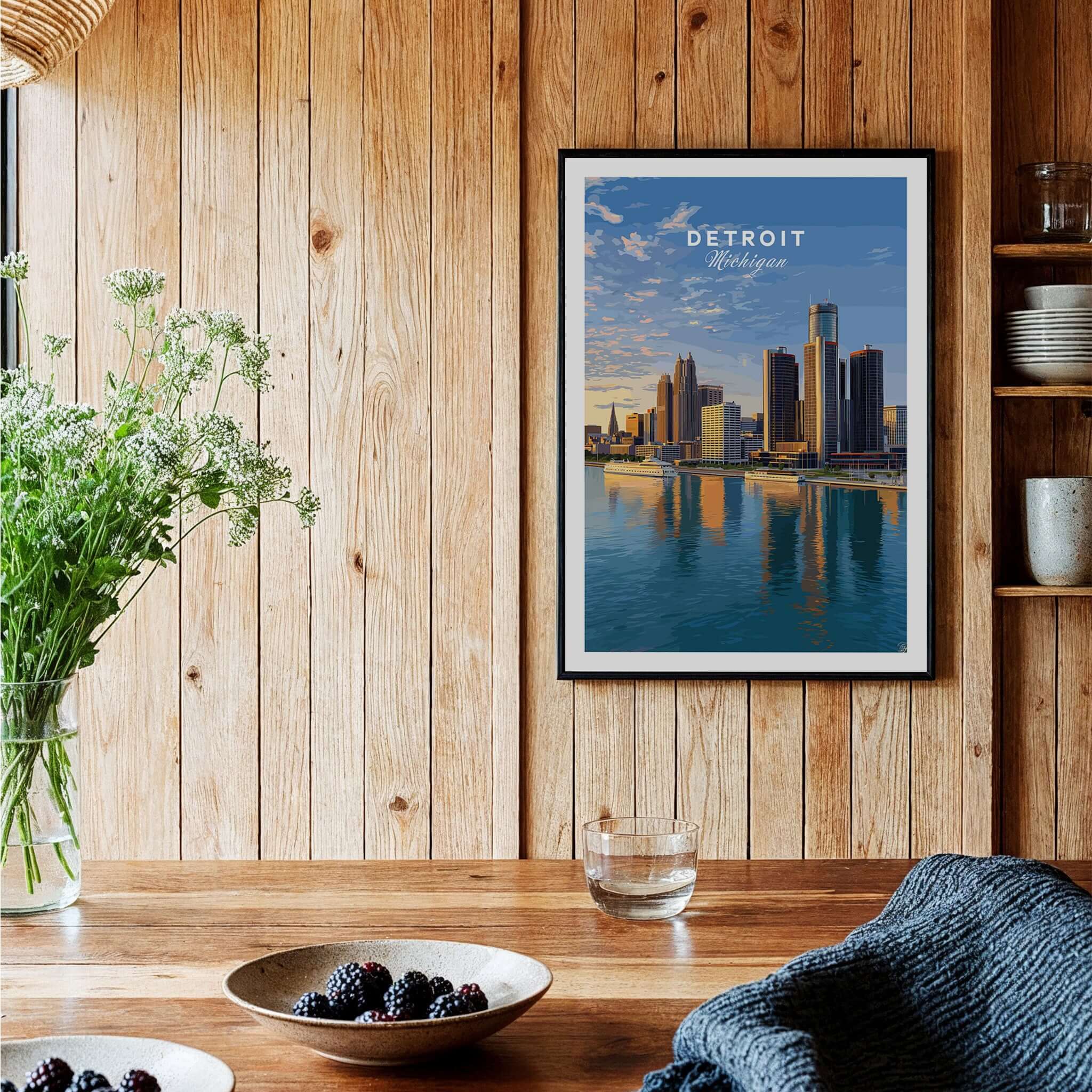 Detroit Riverfront Sunset View Print | Modern US City Wall Decor framed on a wooden wall with plants.