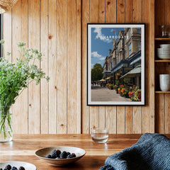 Harrogate Street View Print | Yorkshire Home Decor showcased in a rustic wooden setting with flowers and decor.