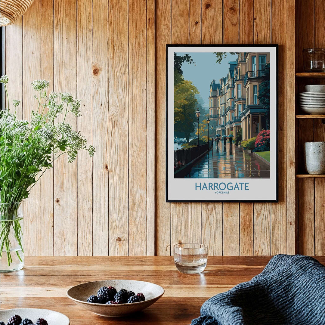 Harrogate Yorkshire Victorian Terrace Art Print | Rainy Street Poster displayed in a cozy interior with wooden accents.