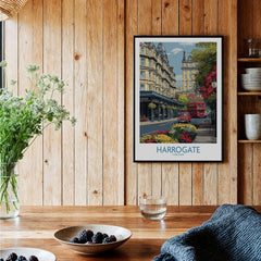 Harrogate Yorkshire Print | Floral Street Scene Poster showcased in a cozy setting with rustic wood and vibrant flowers.