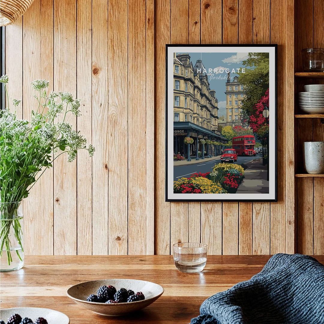 Harrogate Print | English City Wall Decor featuring a charming street scene with a red bus and vibrant flowers.