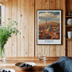 Kosovo Prizren Old Town Art Print | Historic Mosque View Poster framed in a cozy interior setting.